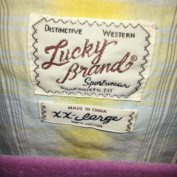 Lucky Brand Men's XXL Western Shirt Pearl Snap Long Sleeve Yellow & Blue Plaid - Picture 4 of 8